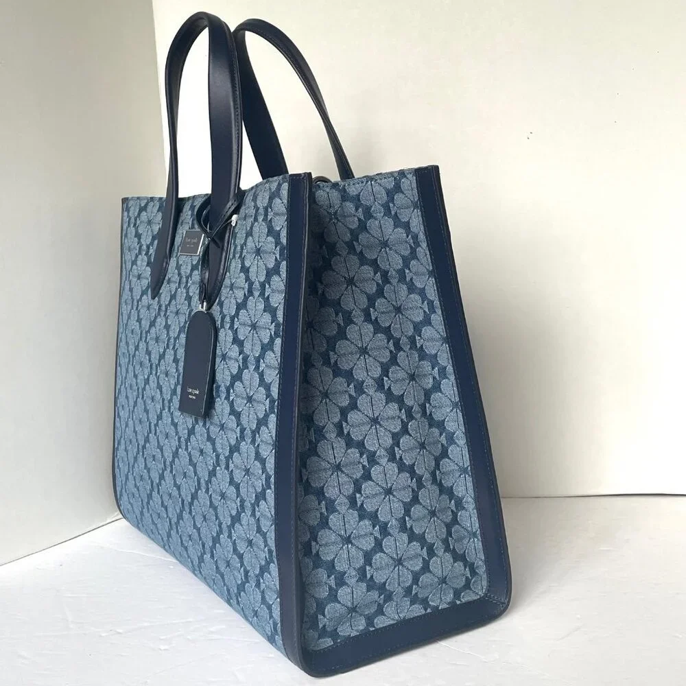 Kate Spade Jacquard Denim Large Manhattan Tote Bag Blue Flower Shoulder Strap - Picture 7 of 13